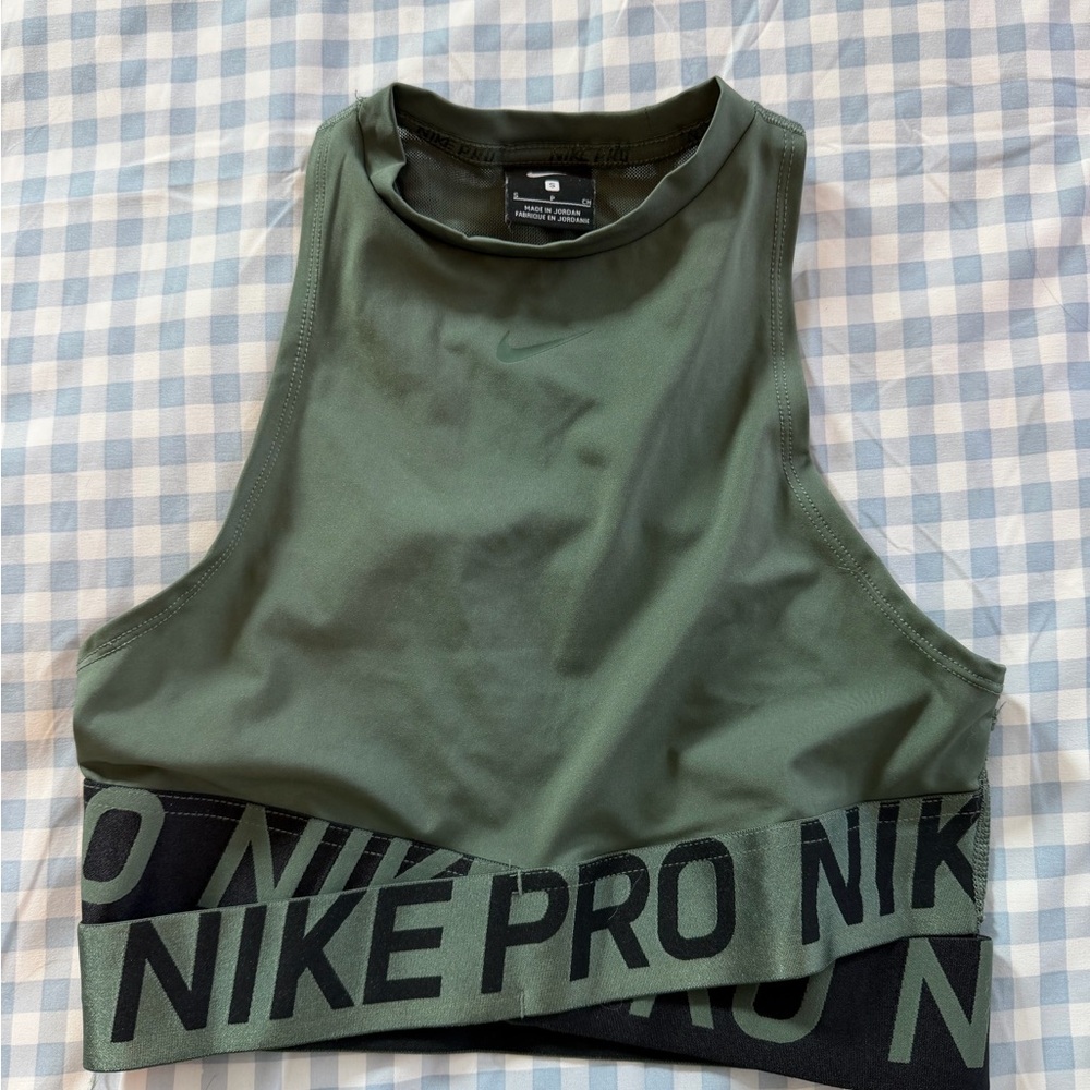 Nike Olive Green High-Neck Pro Crop Top - Picture 1 of 1